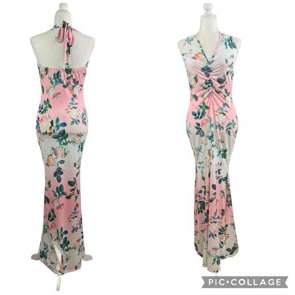 Venus Pink White Floral Tie Neck Halter Maxi Dress Medium Rouched Tropical Beach - Picture 1 of 14